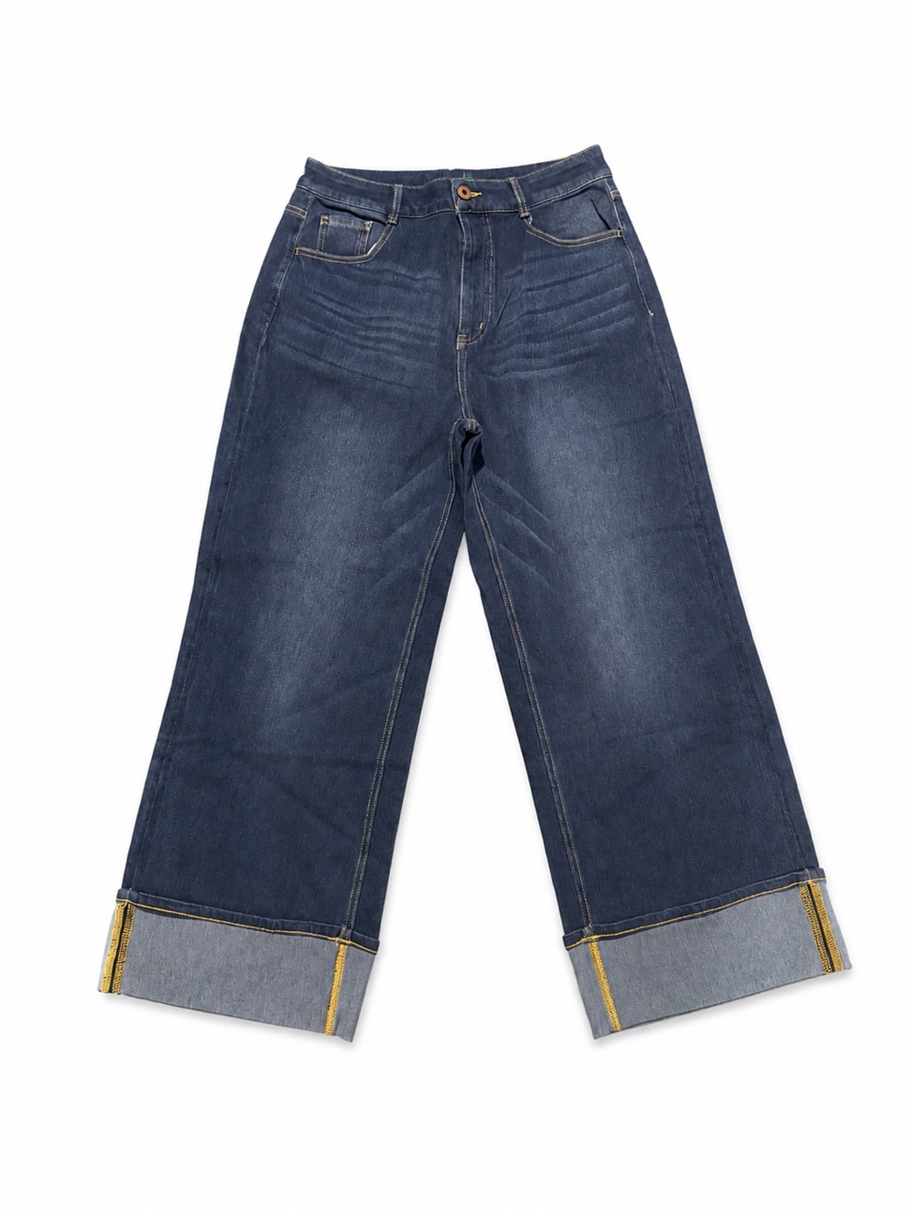 HALARA Dark Blue Wide-Leg Cuffed Jeans with Contrast Hem - Picture 4 of 6